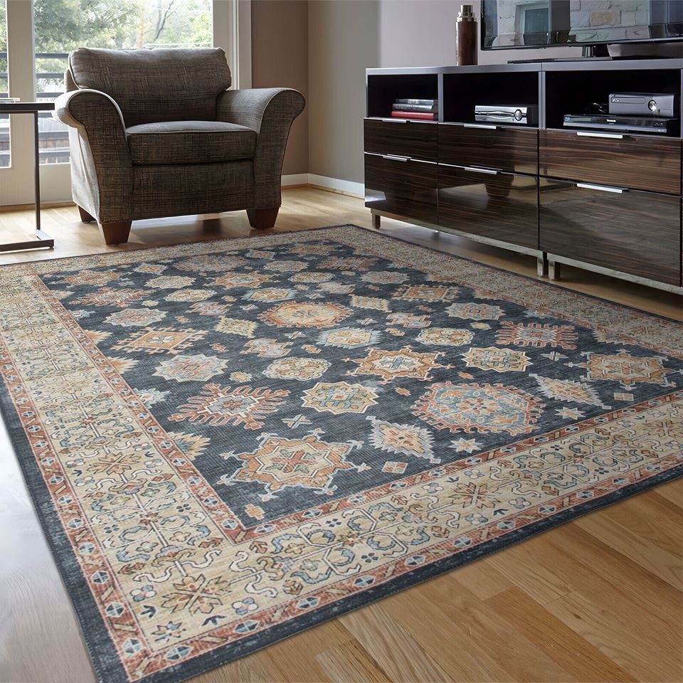 Clearance Extra Large Floor Rug Vintage Dark Blue Persian Carpet Washable Runner