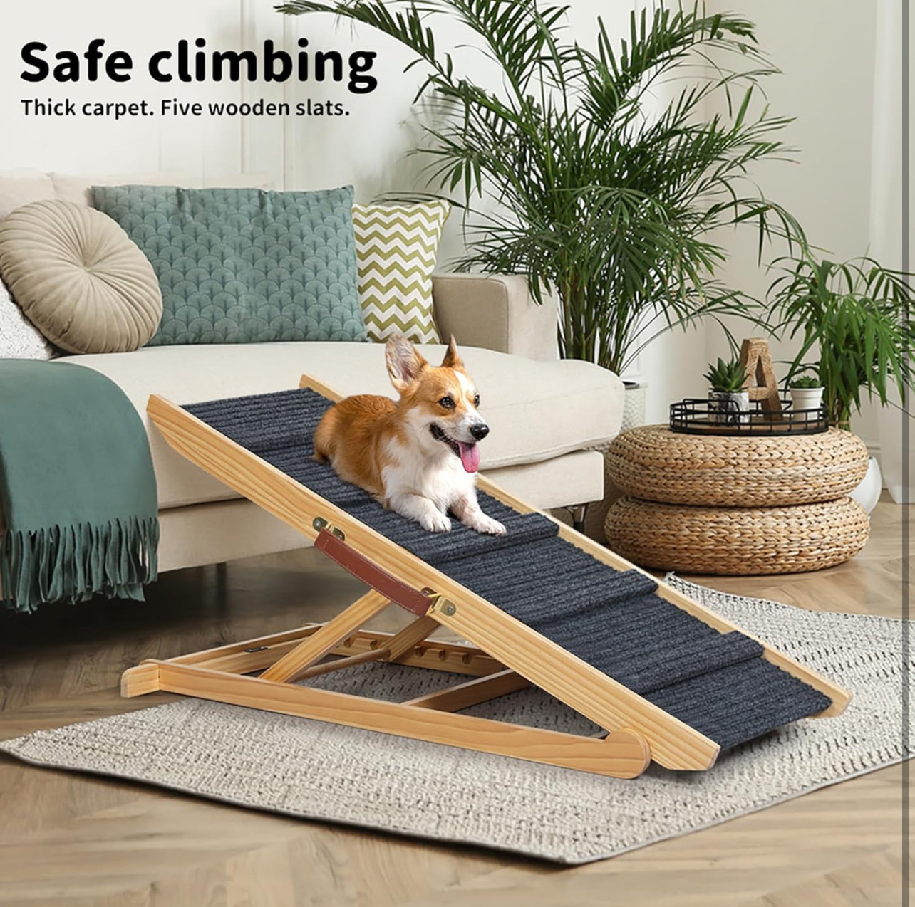 Pet Ramp for Bed,5 Adjustable Height Dog Stair for Couch,Dog Ramp for High Bed Small Large Dog, Natural Wooden Folding Portable Cat Ramp Sofa，Non Slip Carpet Surface,PU handle,90kg Capacity