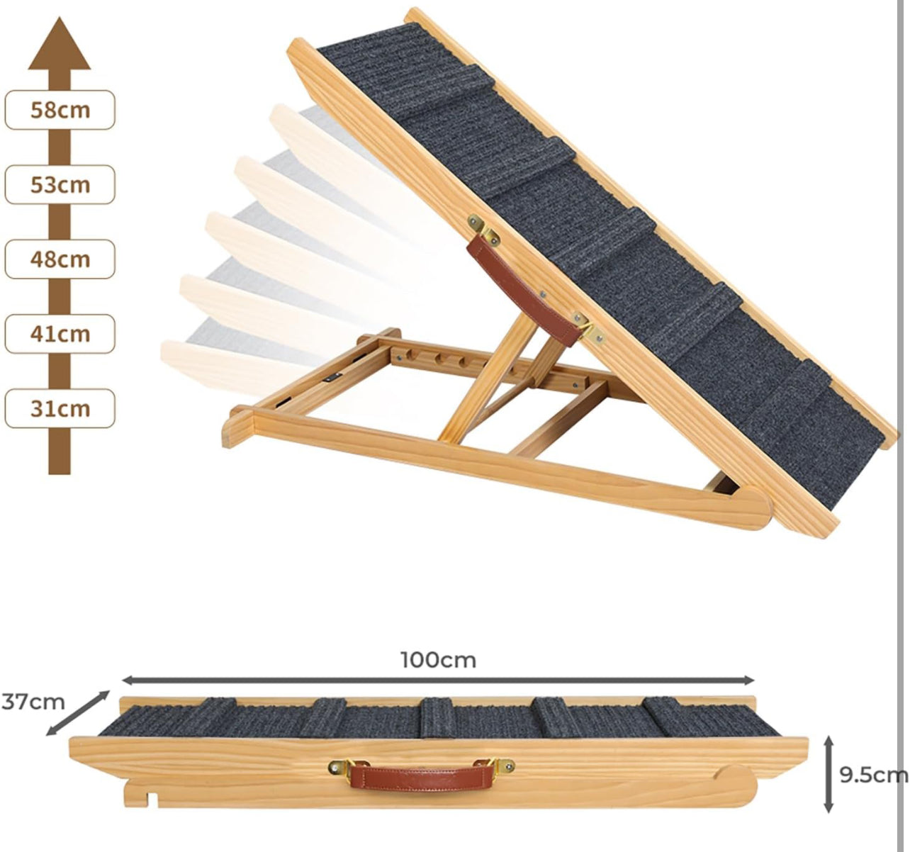 Pet Ramp for Bed,5 Adjustable Height Dog Stair for Couch,Dog Ramp for High Bed Small Large Dog, Natural Wooden Folding Portable Cat Ramp Sofa，Non Slip Carpet Surface,PU handle,90kg Capacity