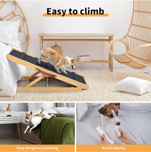 Pet Ramp for Bed,5 Adjustable Height Dog Stair for Couch,Dog Ramp for High Bed Small Large Dog, Natural Wooden Folding Portable Cat Ramp Sofa，Non Slip Carpet Surface,PU handle,90kg Capacity