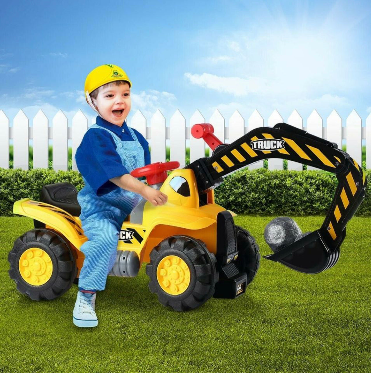 Kids Excavator Ride on Digger Bulldozer Loader Car w/Toy Stones & Safety Helmet