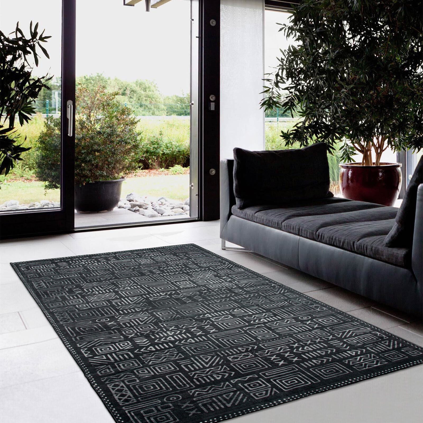 Extra Large Rug Charcoal Black Soft Geometric Modern Carpet Washable Hall Runner