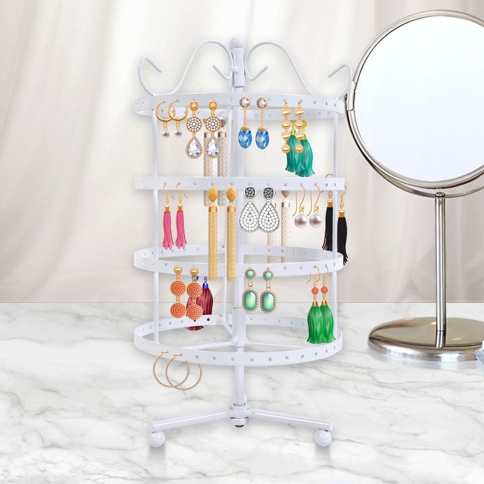 Vintage Earring Holder Stand Jewellery Display Hanging Rack Storage Metal Organiser 4 Tier White