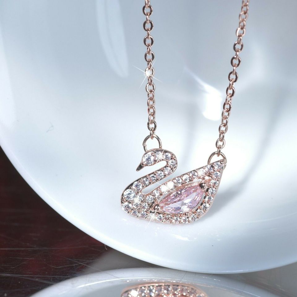 18k rose gold gf made with SWAROVSKI crystal swan pink pendant necklace small