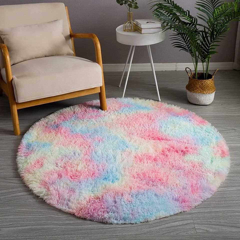 Rainbow Round Abstract Modern Soft Area Rugs for Living Room Bedroom Fluffy Shag Nursery Fur Rugs