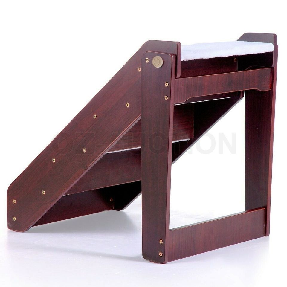 Wooden 4 Steps Portable Dog Cat Pet Stairs Plush Sheepskin-like Mat Ramp Ladder