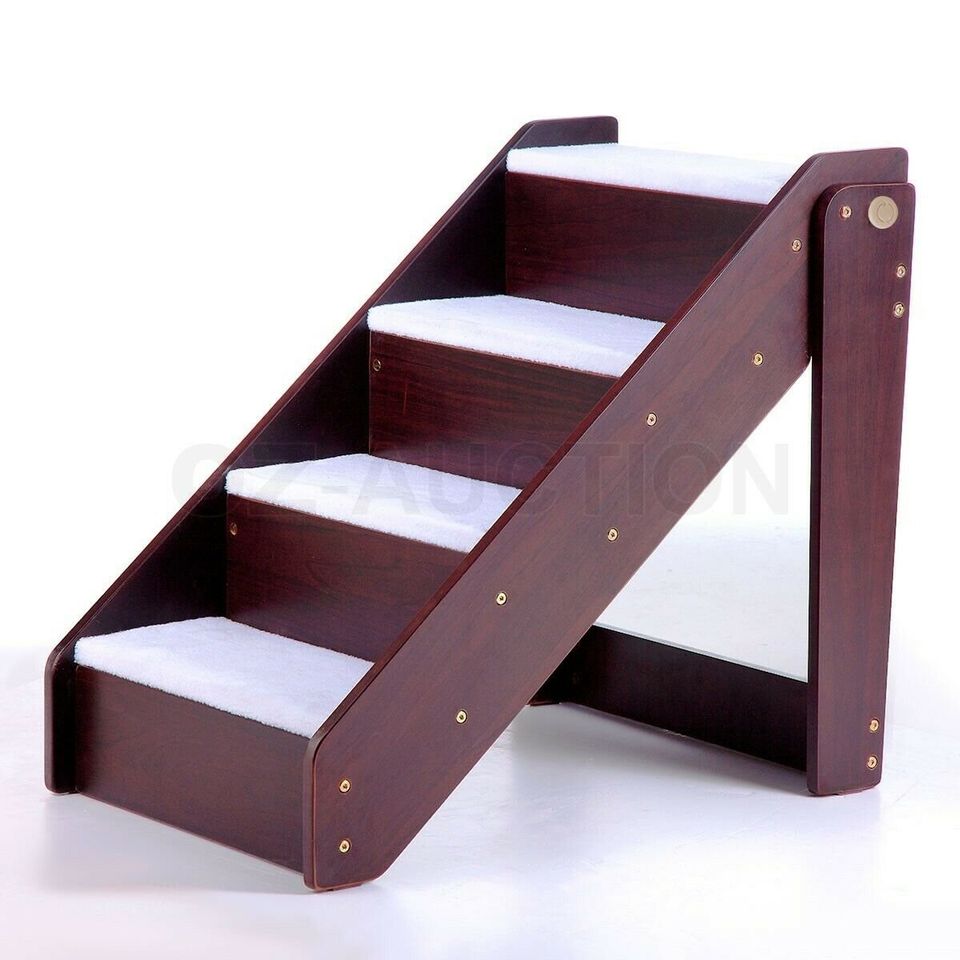 Wooden 4 Steps Portable Dog Cat Pet Stairs Plush Sheepskin-like Mat Ramp Ladder