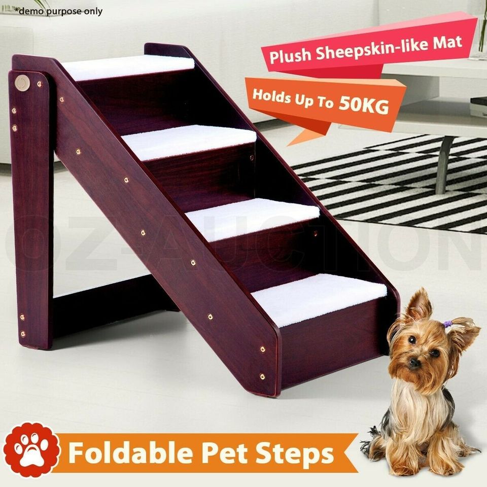 Wooden 4 Steps Portable Dog Cat Pet Stairs Plush Sheepskin-like Mat Ramp Ladder