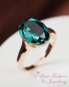 18K Rose Gold Plated Made With Swarovski Crystal Single Oval Cut Emerald Ring