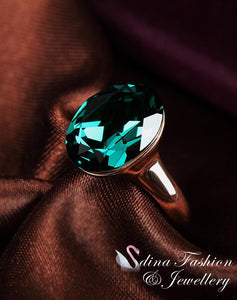 18K Rose Gold Plated Made With Swarovski Crystal Single Oval Cut Emerald Ring