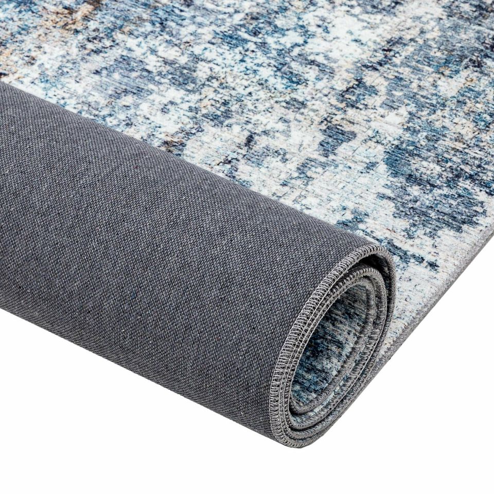 Floor Rug Blue Ivory Beautiful Distressed Modern Abstract Carpet