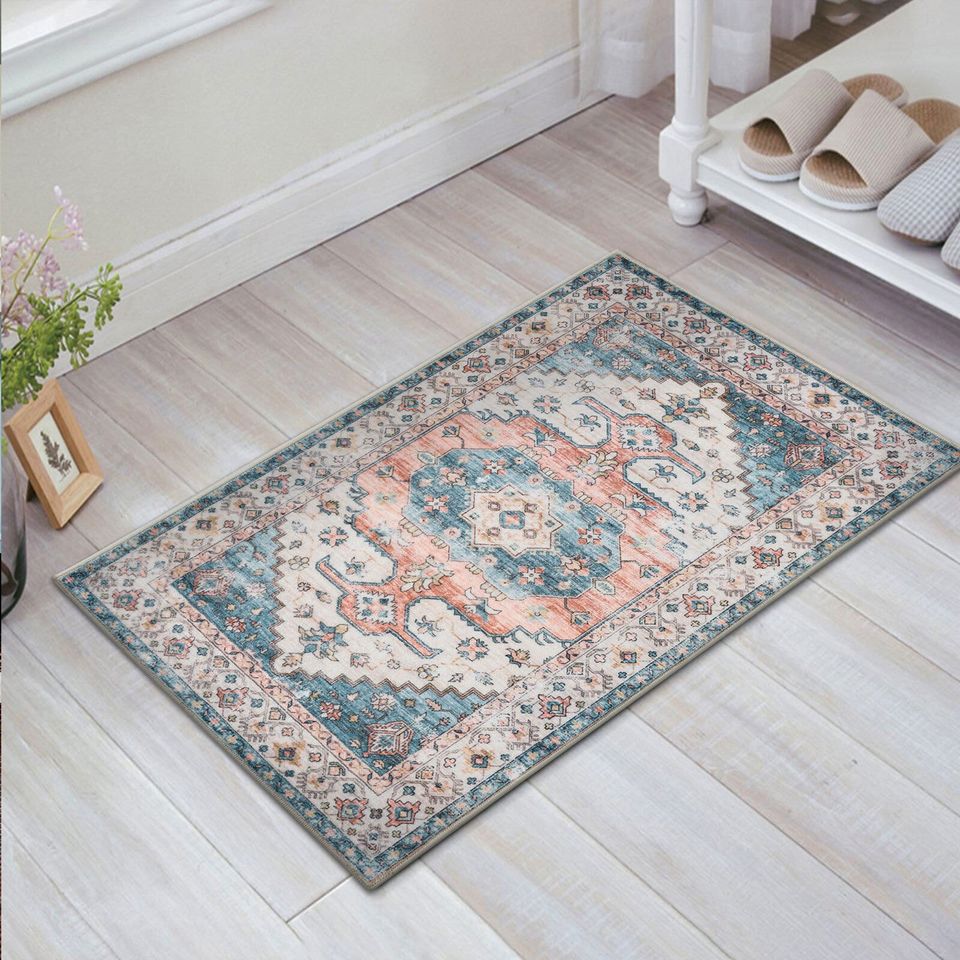 Deal Large Area Rug Red Blue Cream Plush Vintage Boho Carpet Hallway Runner