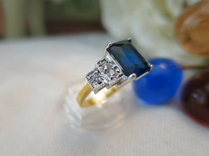 Vintage Jewellery Gold Ring Blue & White Sapphires Art Deco Design Size 8