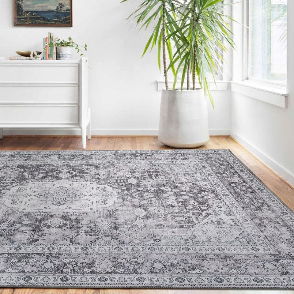 Extra Large Rugs Light Grey Distressed Allover Carpet Machine Washable Runner