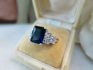 Vintage Jewellery Gold Ring Blue & White Sapphires Art Deco Design Size 8