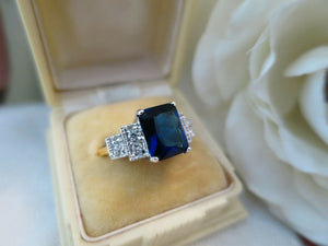 Vintage Jewellery Gold Ring Blue & White Sapphires Art Deco Design Size 8