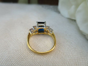 Vintage Jewellery Gold Ring Blue & White Sapphires Art Deco Design Size 8