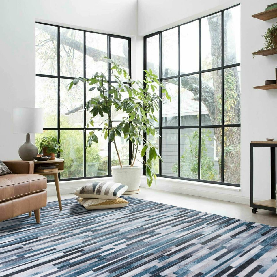 Deal Blue Grey Ivory Floor Rug Striped Patchwork Carpet Anti Slip Mat 160x230