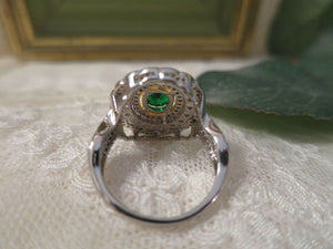 Vintage Jewellery Ring Emerald & White Sapphires Art Deco Design size 7 (66)