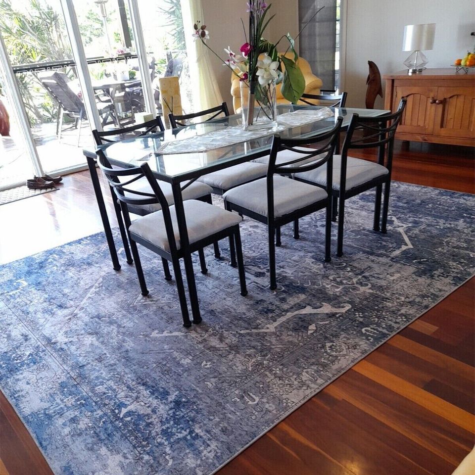 Extra Large Floor Rug Blue Grey Distressed Allover Persian Vintage Carpet Runner 230x330cm