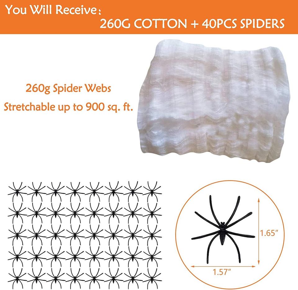 900 sqft Spider Webs Halloween Decorations, White Stretch Spider Web with 40 Fake Spiders