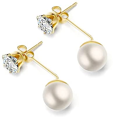 Pearl Drop Earrings Elegant 18K Gold, Silver or Rose Gold Plated, 7mm Crystal Stud suspended with 10 mm manmade pearl earrings