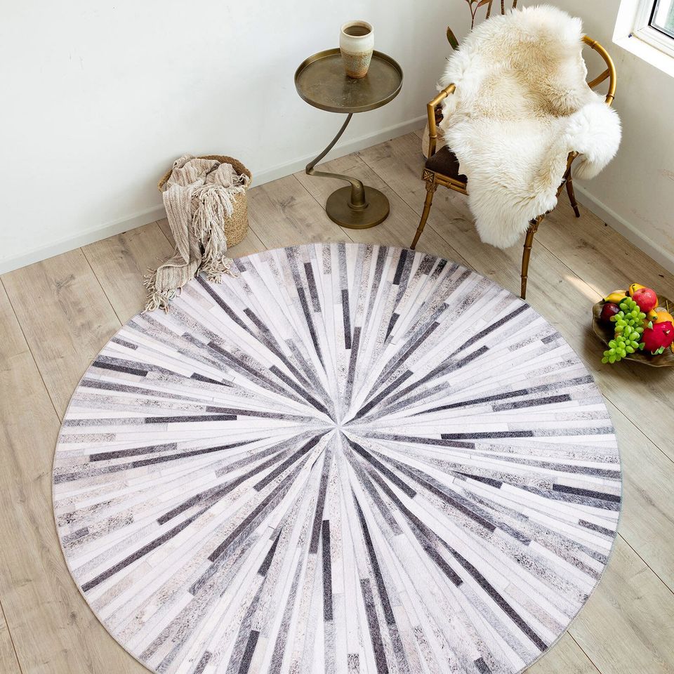 Faux Cowhide Round Rug Grey Striped Non Slip Rubber Back Cow Hide Carpet 2 Sizes