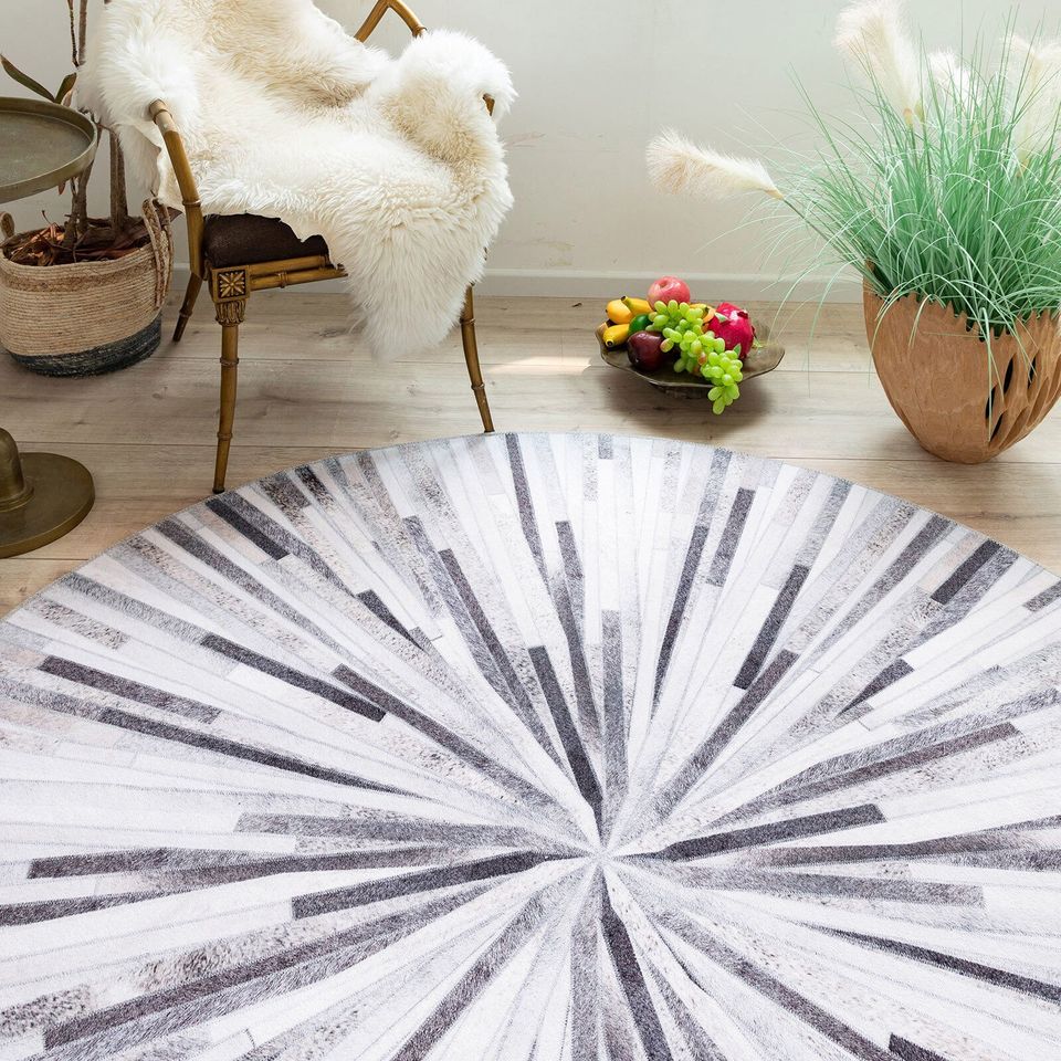 Faux Cowhide Round Rug Grey Striped Non Slip Rubber Back Cow Hide Carpet 2 Sizes