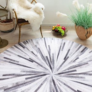 Faux Cowhide Round Rug Grey Striped Non Slip Rubber Back Cow Hide Carpet 2 Sizes