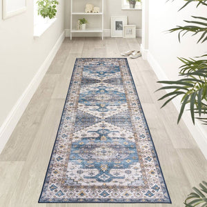 Hallway Runner Dark Blue Allover Tribal Distressed Corridor Runner Rug 80x300cm