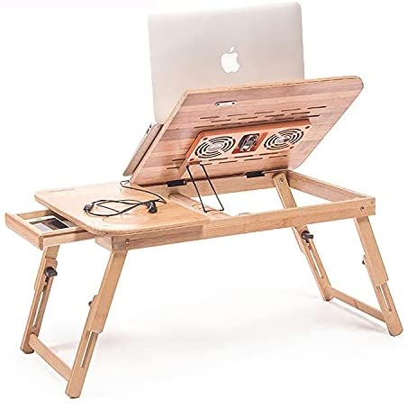 Bamboo Laptop Desk with Fan, Adjustable & Foldable Legs, 55 x 35 cm Large Stand with Drawer, Breakfast Serving Table, Tray for Study Eat Work Read On Bed & Sofa