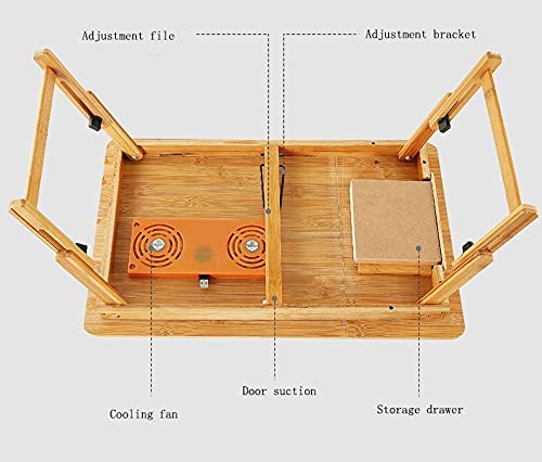 Bamboo Laptop Desk with Fan, Adjustable & Foldable Legs, 55 x 35 cm Large Stand with Drawer, Breakfast Serving Table, Tray for Study Eat Work Read On Bed & Sofa