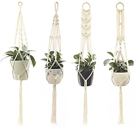 4 Pack Plant Hanger and 4 PCS Hooks Indoor Outdoor Hanging Plant Holder Hanging Planter Stand Flower Pots for Decorations Handmade Cotton Rope Hanging Planters Set Holder Stand Boho Home Decor