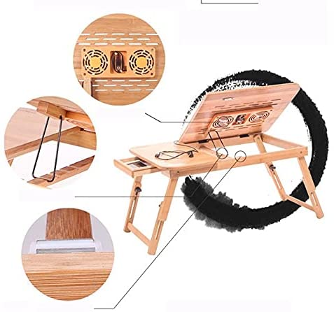 Bamboo Laptop Desk with Fan, Adjustable & Foldable Legs, 55 x 35 cm Large Stand with Drawer, Breakfast Serving Table, Tray for Study Eat Work Read On Bed & Sofa