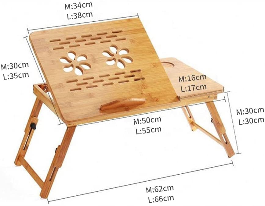 Bamboo Laptop Desk with Fan, Adjustable & Foldable Legs, 55 x 35 cm Large Stand with Drawer, Breakfast Serving Table, Tray for Study Eat Work Read On Bed & Sofa