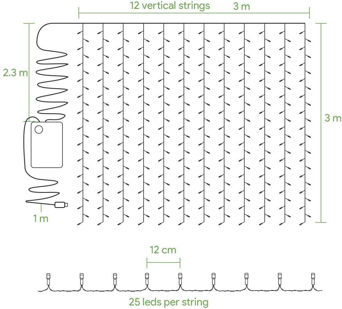 LE LED Window Curtain Lights, 300 LED, 9.84ft x 9.84ft, 8 Modes, USB & Battery Powered String Fairy Light with Remote Control, Warm White, String Light for Christmas/Halloween/Wedding/Party