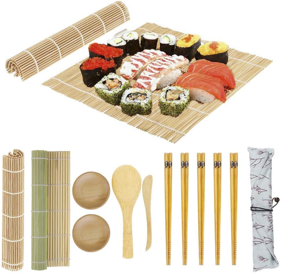 Sushi Making Kit Bamboo Sushi Mat - 2 Sushi Roller Mats, 1 Rice Paddle, 1 Rice Spreader, 5 Pairs Chopsticks, 2 Plates and 1 Canvas Chopstick Bag - DIY Sushi/California Rolls Maker Mats Utensils