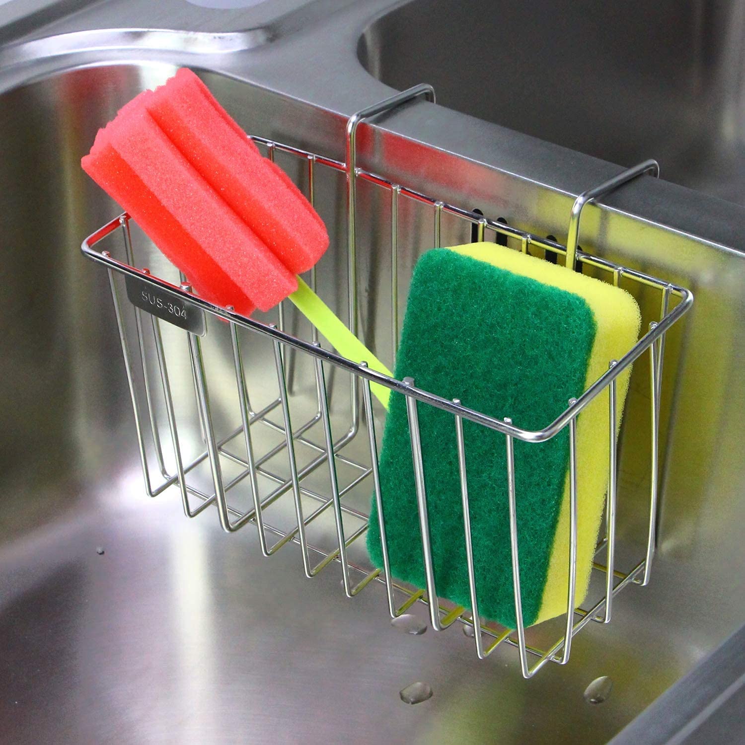 Kitchen Sponge Holder, Aiduy Sink Caddy Brush Soap Dishwashing Liquid Drainer Rack - Stainless Steel