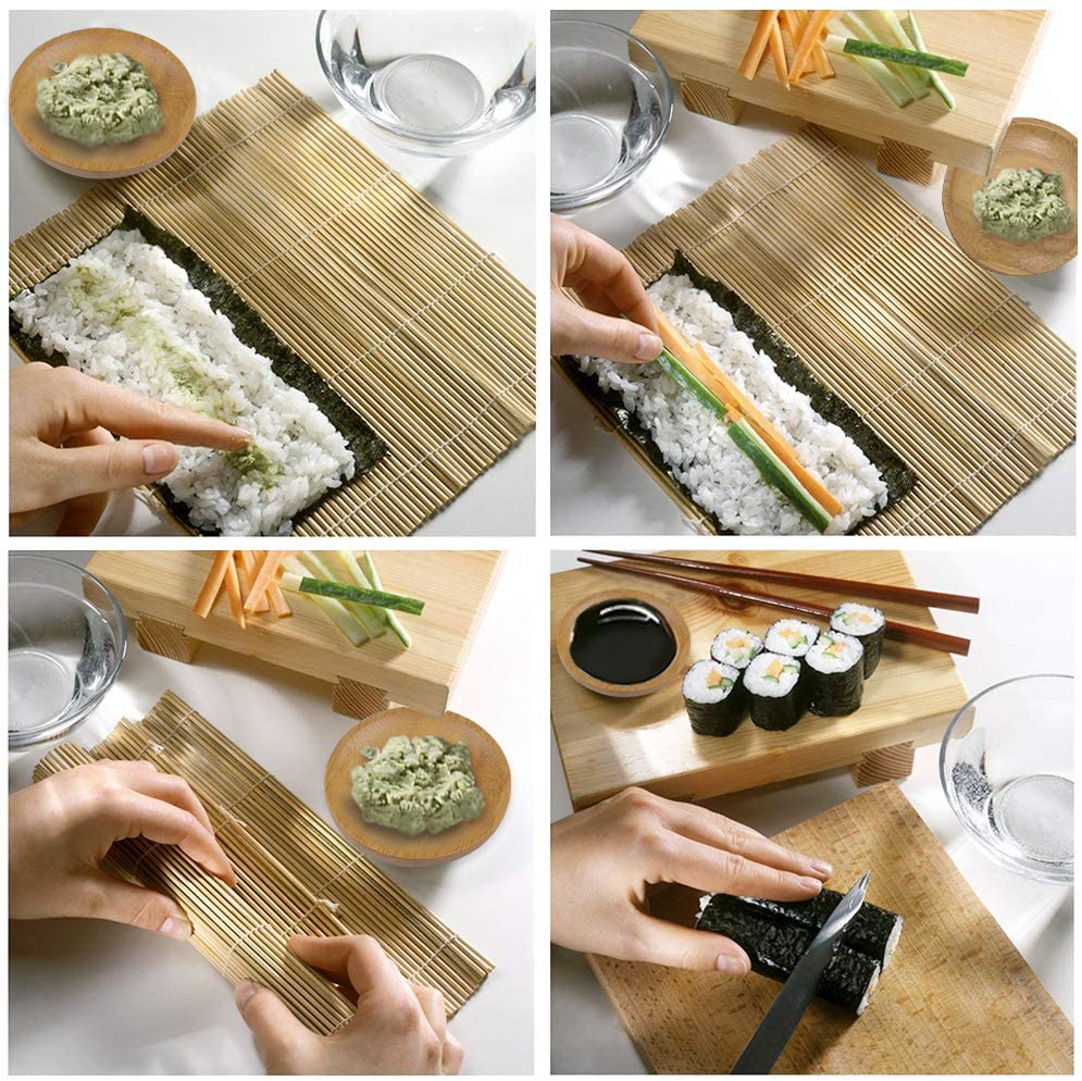 Sushi Making Kit Bamboo Sushi Mat - 2 Sushi Roller Mats, 1 Rice Paddle, 1 Rice Spreader, 5 Pairs Chopsticks, 2 Plates and 1 Canvas Chopstick Bag - DIY Sushi/California Rolls Maker Mats Utensils