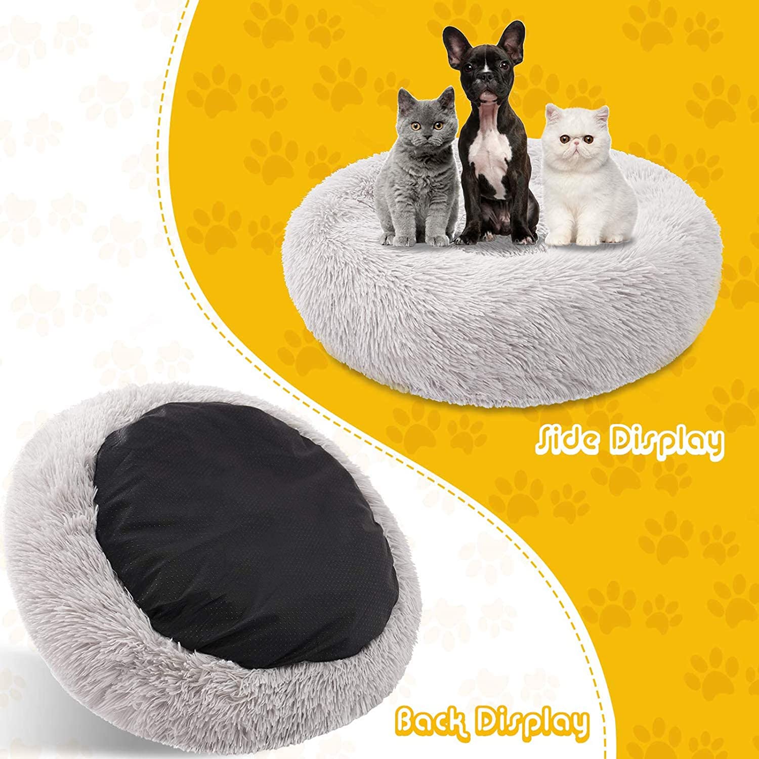 Pets Calming Bed Dog Bed(50CM, Light Grey),Proxima Direct Ultra Soft Cat Cushion Bed Round Nest Fluffy Plush Bed Donut Cuddler Dog Bed with Non-Slip Bottom Suitable for Cats or Small Medium Dogs Puppy