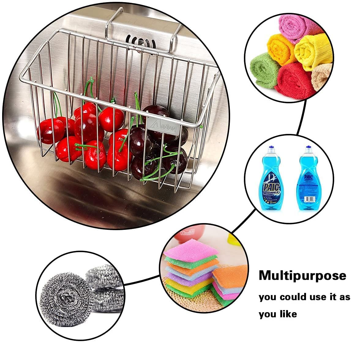 Kitchen Sponge Holder, Aiduy Sink Caddy Brush Soap Dishwashing Liquid Drainer Rack - Stainless Steel