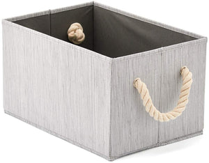 Set of 3 Foldable Storage Bin with Cotton Rope Handle, Collapsible Water Resistant Basket Bamboo Fabric Box Organiser for Shelves, Closet, and More (Grey)