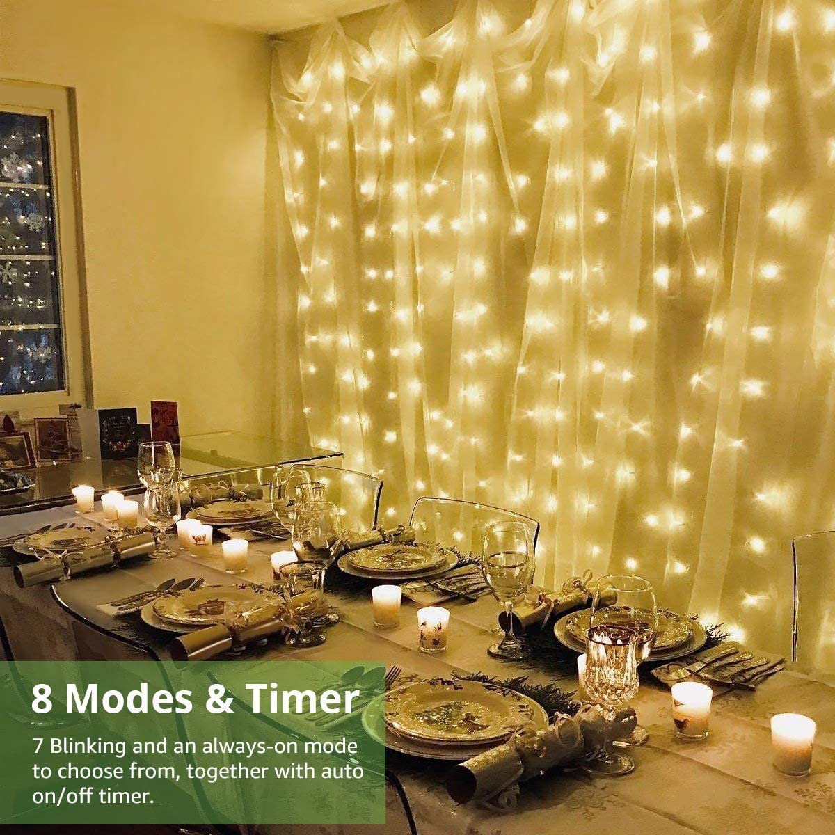 LE LED Window Curtain Lights, 300 LED, 9.84ft x 9.84ft, 8 Modes, USB & Battery Powered String Fairy Light with Remote Control, Warm White, String Light for Christmas/Halloween/Wedding/Party