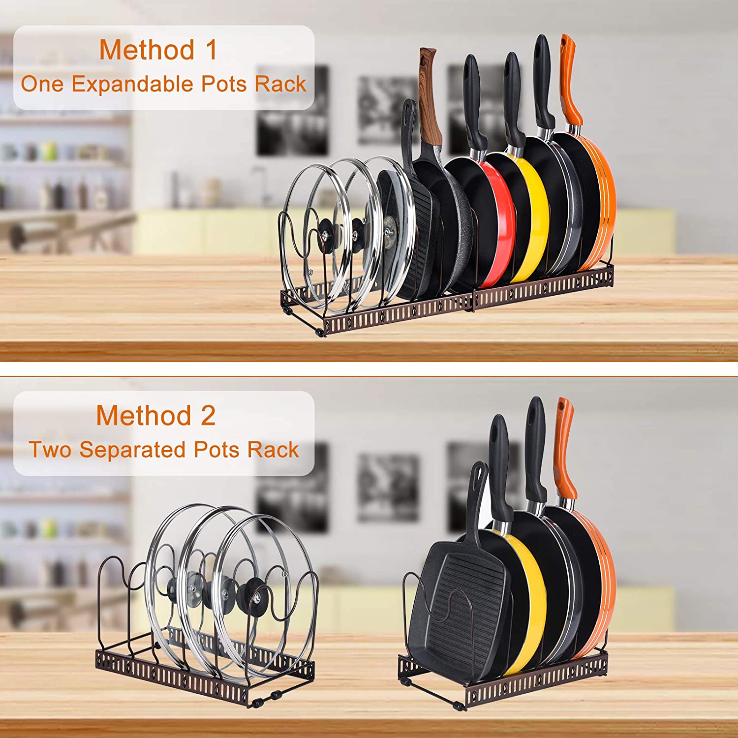 Toplife Expandable Pans Organiser Rack, 10 Adjustable Compartments, Cookware Holder