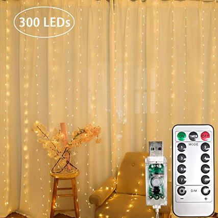 Curtian String Lights, 300 LEDs Window Curtain Fairy Lights Copper Wire Twinkle Star String Lights