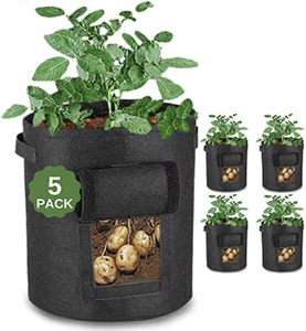 5 Pack 10 Gallon Large Potato Grow Bags with Viewing Window and Free Claw Garden Gloves. Premium Reinforced Fabric Potato Grow Bags. Vegetable Planting Pots