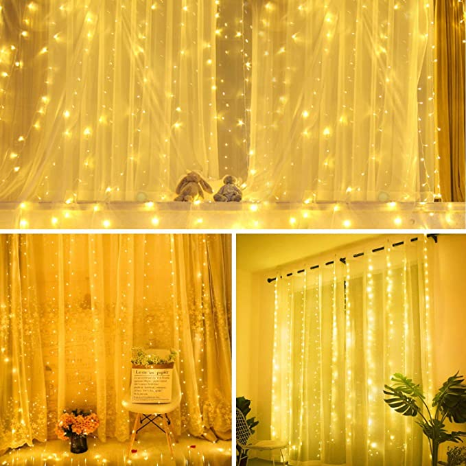 Curtian String Lights, HWZX 300 LED Window Curtain String Light with Remote Control Timer