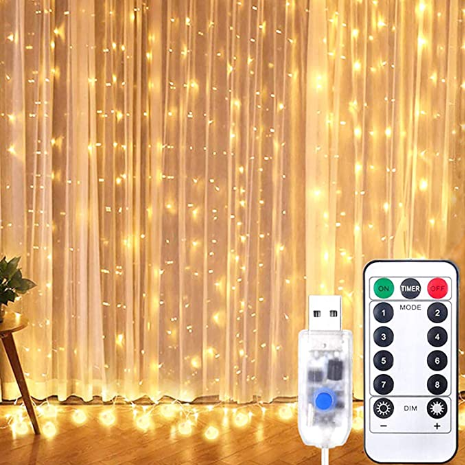 Curtian String Lights, HWZX 300 LED Window Curtain String Light with Remote Control Timer