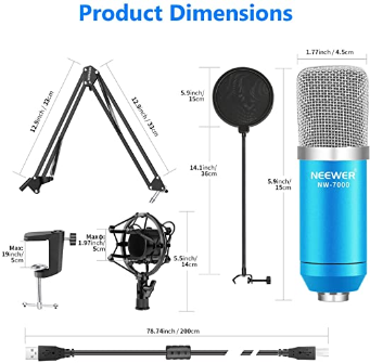 Neewer USB Microphone Kit for Windows and Mac, Includes Suspension Scissor Arm Stand, Shock Mount, Pop Filter, USB Cable and Table Mounting Clamp for Broadcasting and Sound Recording (Blue & Silver)