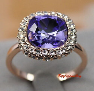 Rose Gold Plated Amethyst Square Cocktail Ring Made with Swarovski Crystal R196